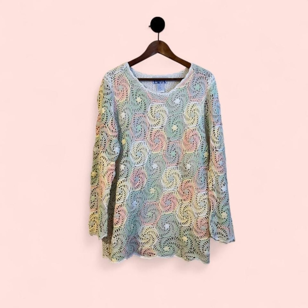 Vintage Pastel Crochet Sweater Top XL Sweater Dress Fairy Cotton/Ramie Blend